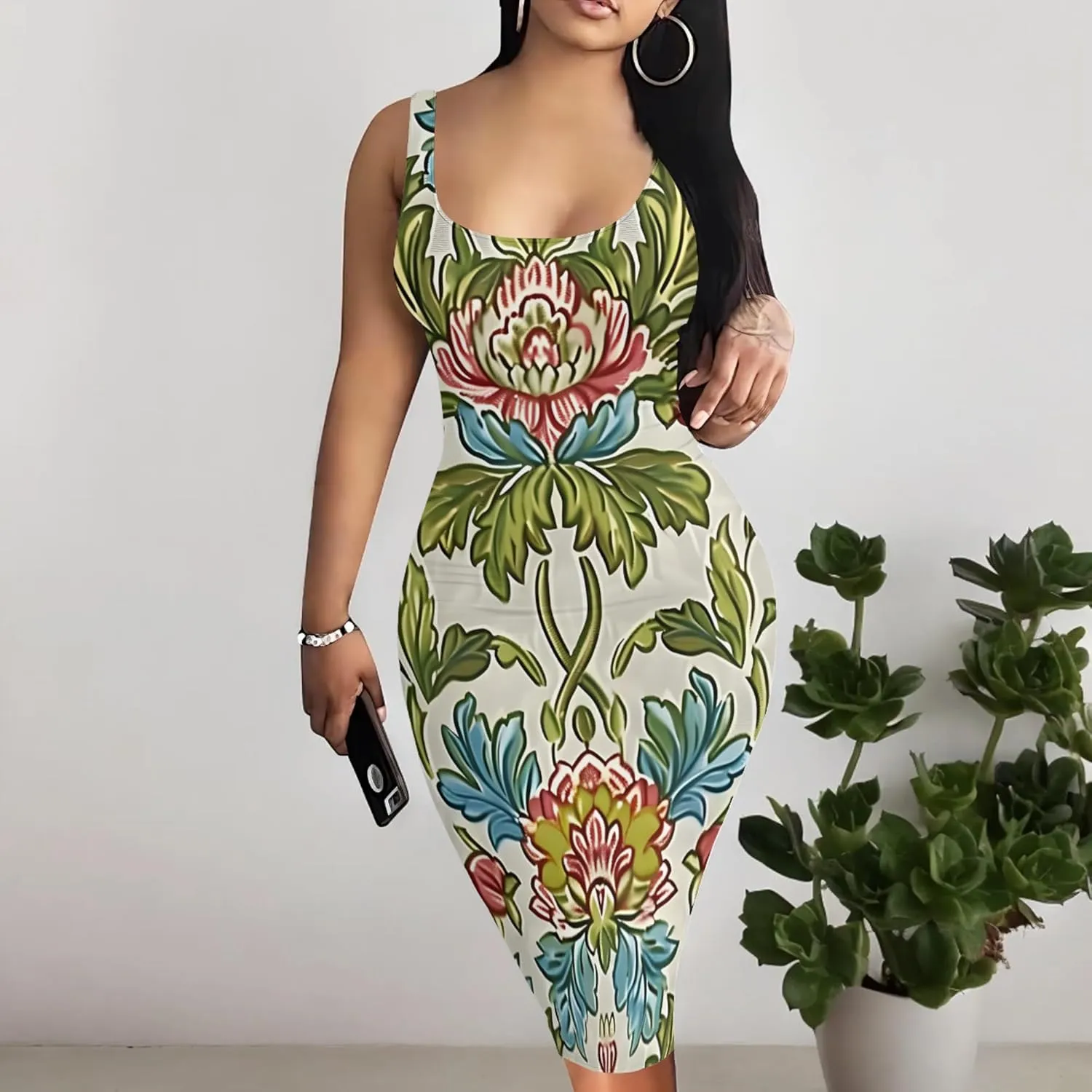 PinkPatty Floral Print Midi Dress for Women Sexy Sleeveless Crew Neck Tank Sundress Plus Size Club Dresses