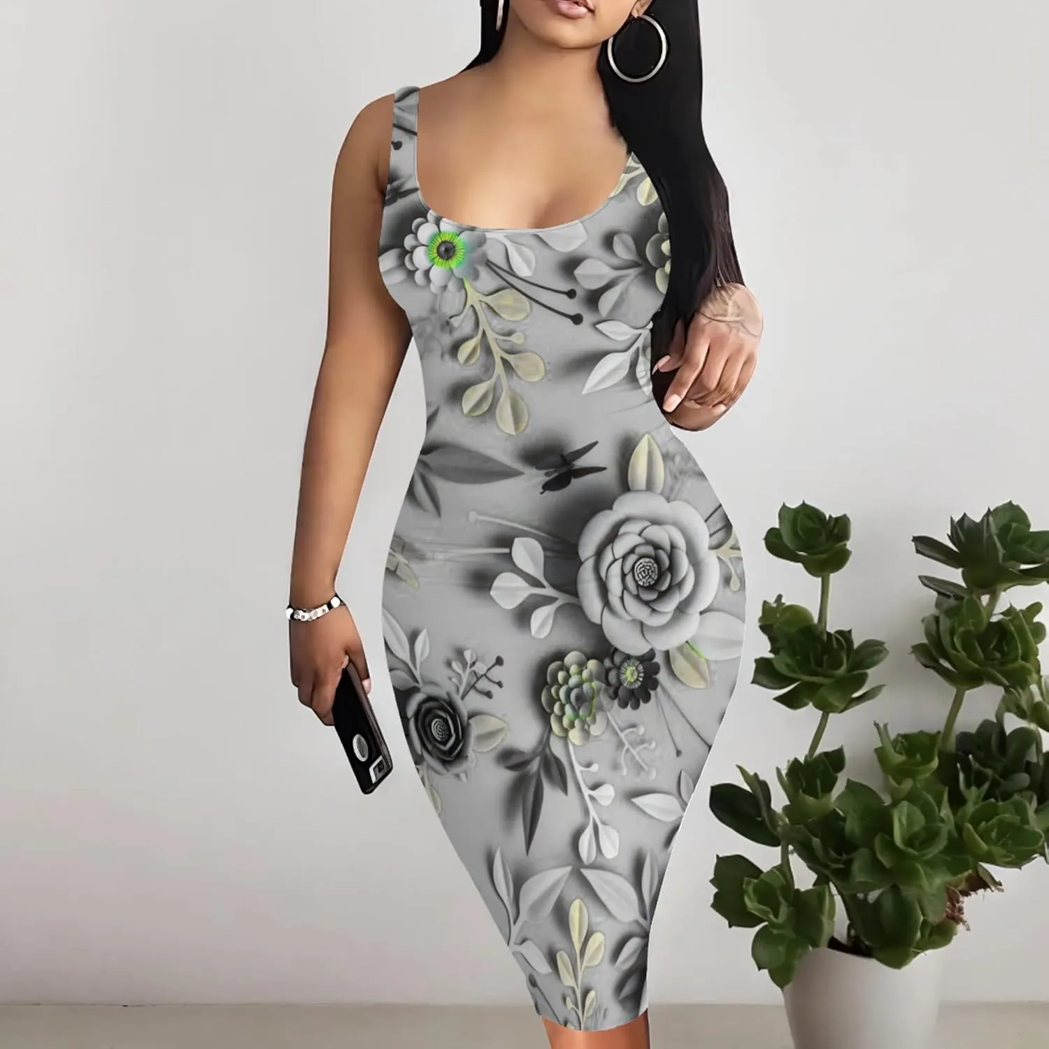 PinkPatty Floral Print Midi Dress for Women Sexy Sleeveless Crew Neck Tank Sundress Plus Size Club Dresses