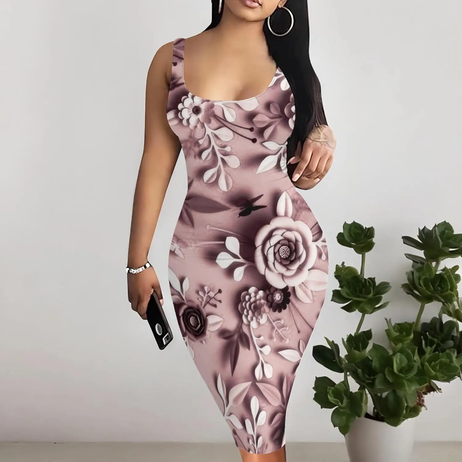 PinkPatty Floral Print Midi Dress for Women Sexy Sleeveless Crew Neck Tank Sundress Plus Size Club Dresses