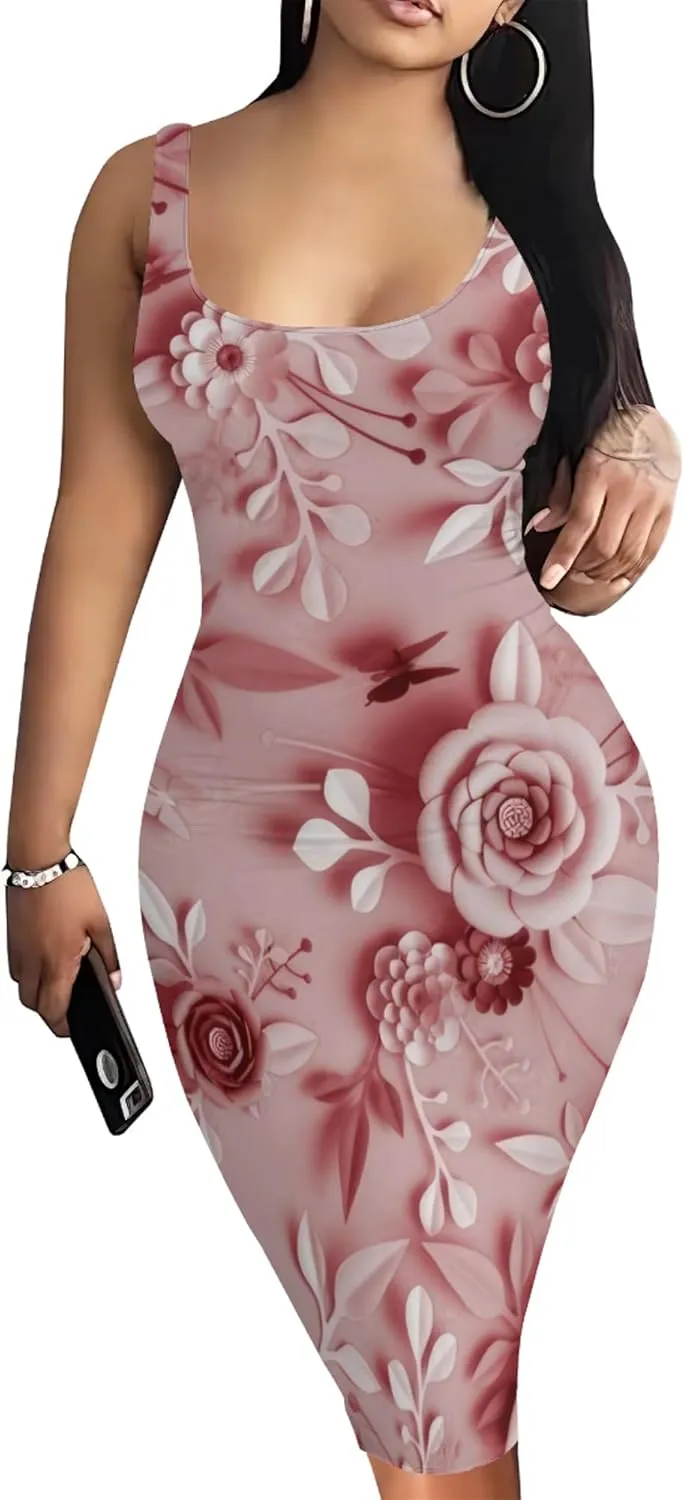 PinkPatty Floral Print Midi Dress for Women Sexy Sleeveless Crew Neck Tank Sundress Plus Size Club Dresses