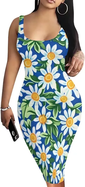 PinkPatty Floral Print Midi Dress for Women Sexy Sleeveless Crew Neck Tank Sundress Plus Size Club Dresses
