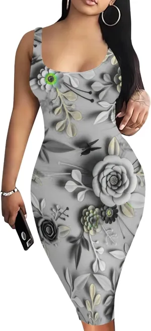 PinkPatty Floral Print Midi Dress for Women Sexy Sleeveless Crew Neck Tank Sundress Plus Size Club Dresses