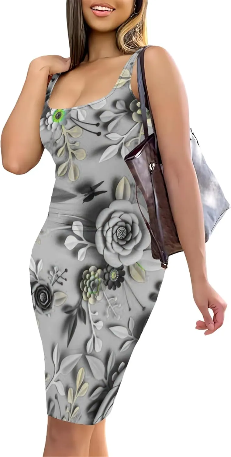 PinkPatty Floral Print Midi Dress for Women Sexy Sleeveless Crew Neck Tank Sundress Plus Size Club Dresses