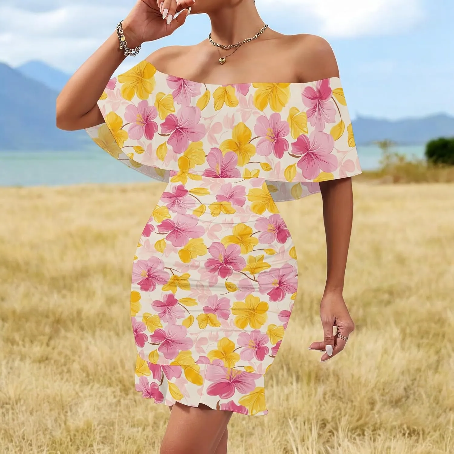 PinkPatty Summer Mini Dress for Women Off Shoulder Ruffled Bodycon Dresses Short Beach Sundress