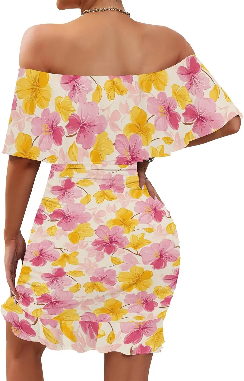 PinkPatty Summer Mini Dress for Women Off Shoulder Ruffled Bodycon Dresses Short Beach Sundress