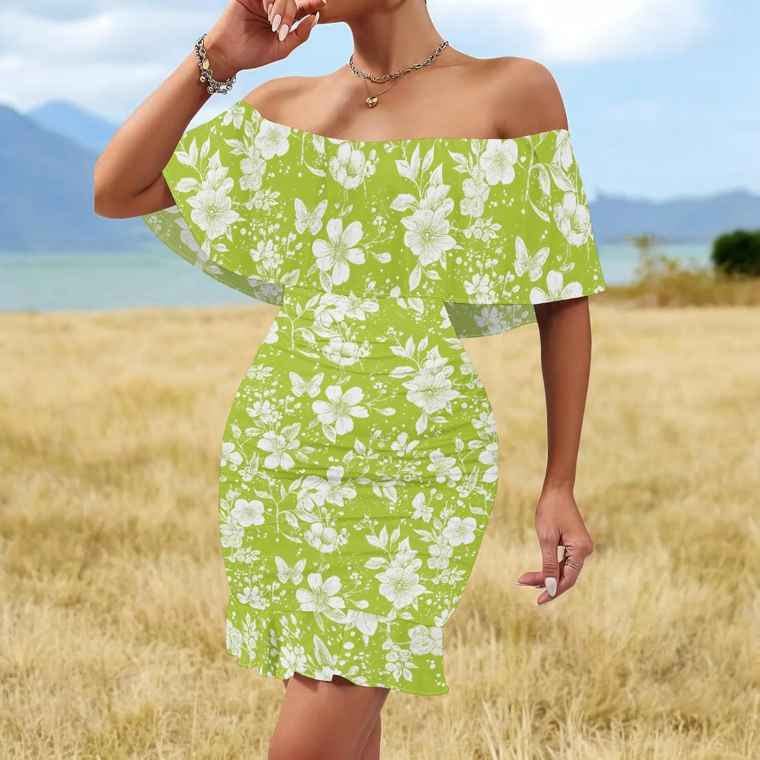 PinkPatty Summer Mini Dress for Women Off Shoulder Ruffled Bodycon Dresses Short Beach Sundress