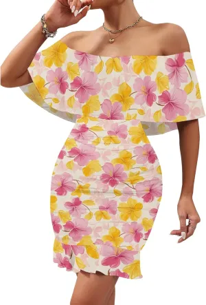 PinkPatty Summer Mini Dress for Women Off Shoulder Ruffled Bodycon Dresses Short Beach Sundress