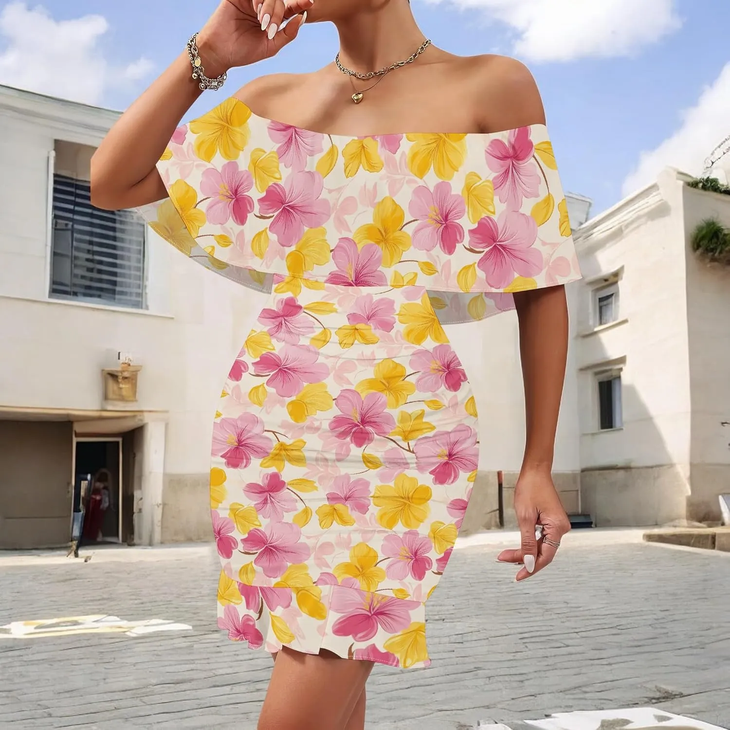 PinkPatty Summer Mini Dress for Women Off Shoulder Ruffled Bodycon Dresses Short Beach Sundress