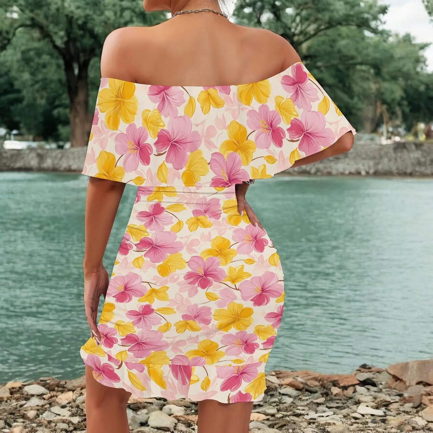 PinkPatty Summer Mini Dress for Women Off Shoulder Ruffled Bodycon Dresses Short Beach Sundress