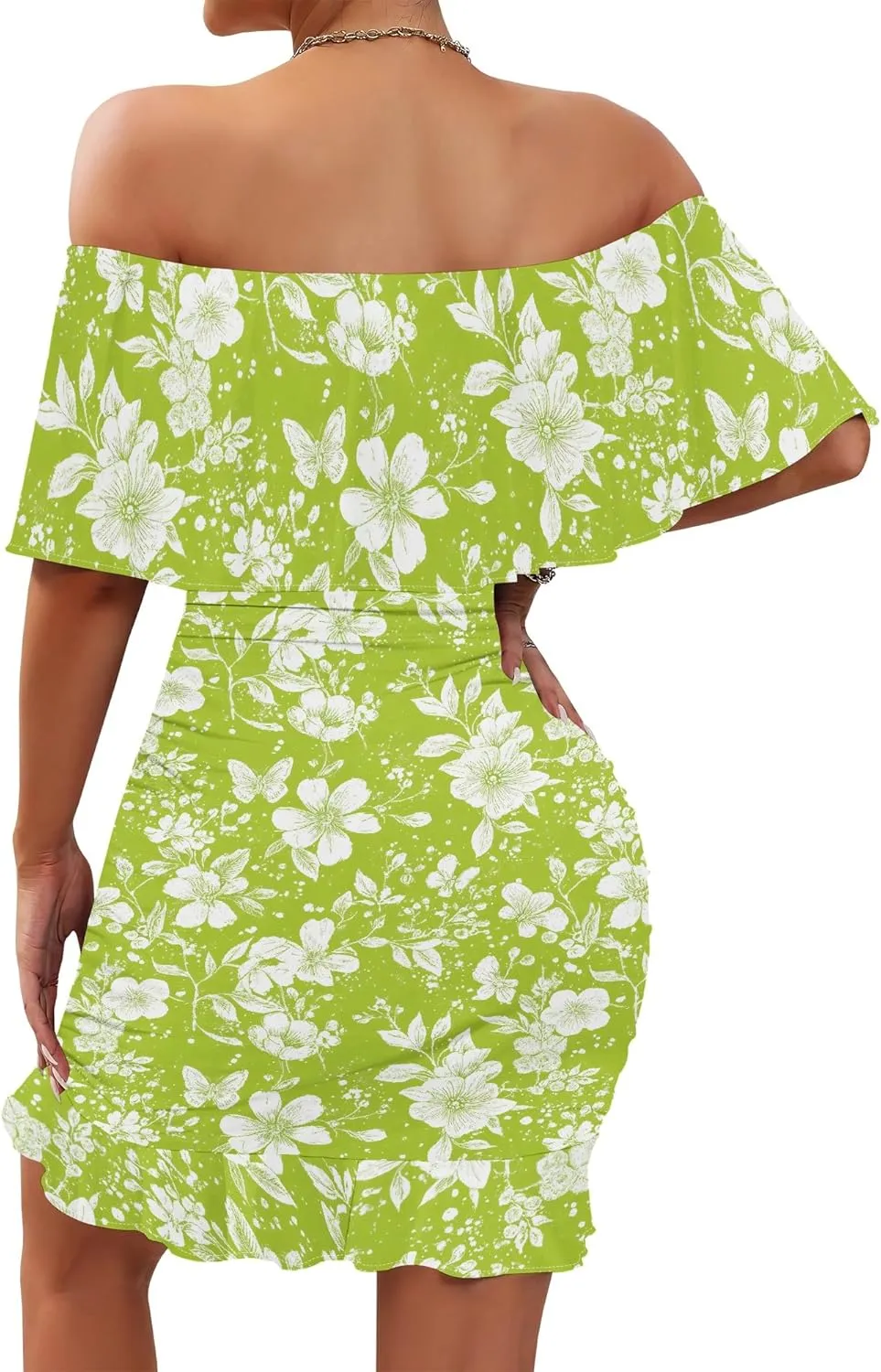 PinkPatty Summer Mini Dress for Women Off Shoulder Ruffled Bodycon Dresses Short Beach Sundress