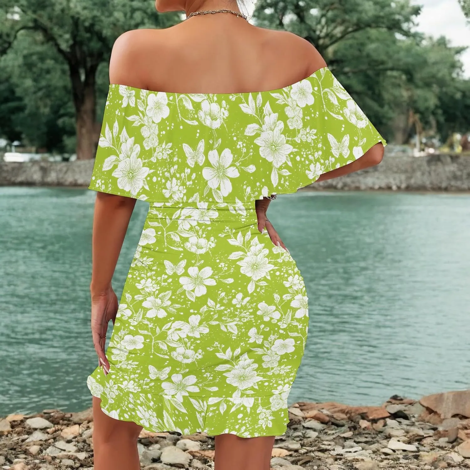 PinkPatty Summer Mini Dress for Women Off Shoulder Ruffled Bodycon Dresses Short Beach Sundress