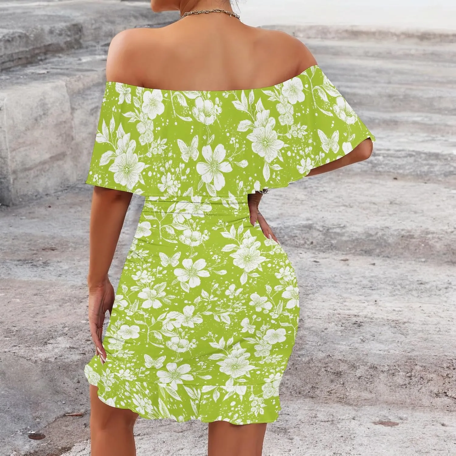 PinkPatty Summer Mini Dress for Women Off Shoulder Ruffled Bodycon Dresses Short Beach Sundress