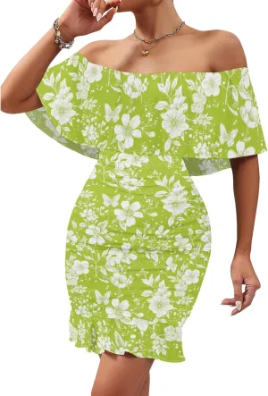 PinkPatty Summer Mini Dress for Women Off Shoulder Ruffled Bodycon Dresses Short Beach Sundress