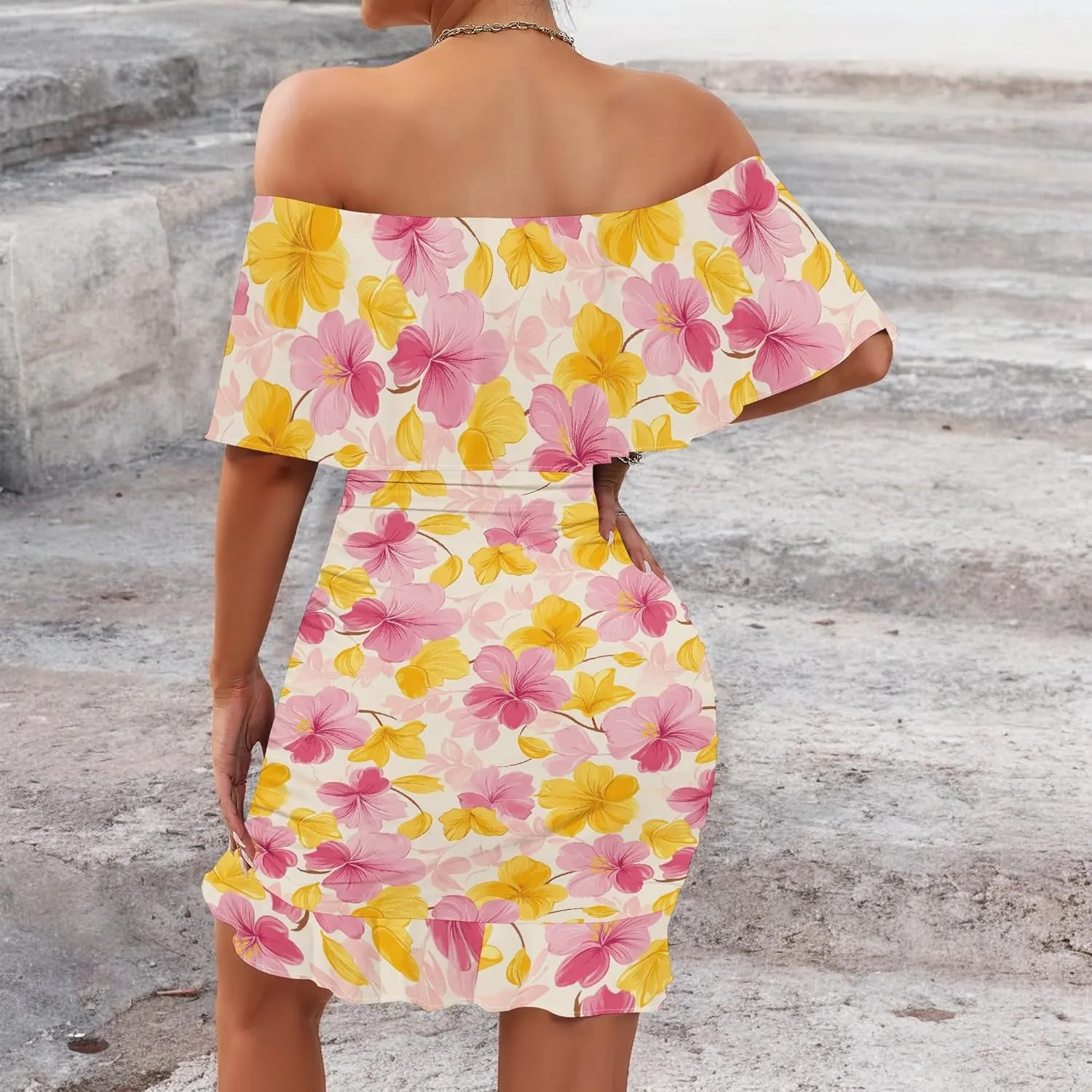 PinkPatty Summer Mini Dress for Women Off Shoulder Ruffled Bodycon Dresses Short Beach Sundress