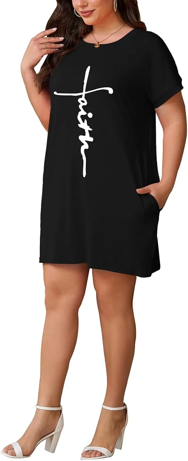 PINSV Women's Casual Summer T Shirt Dresses Short Sleeve Tunic Dress with Pockets