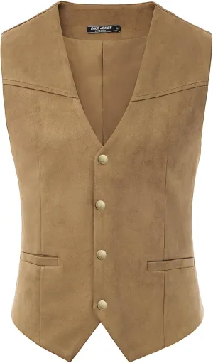 PJ PAUL JONES Mens Faux Suede Leathr Suit Vest Western Cowboy Dress Vests with Pockets