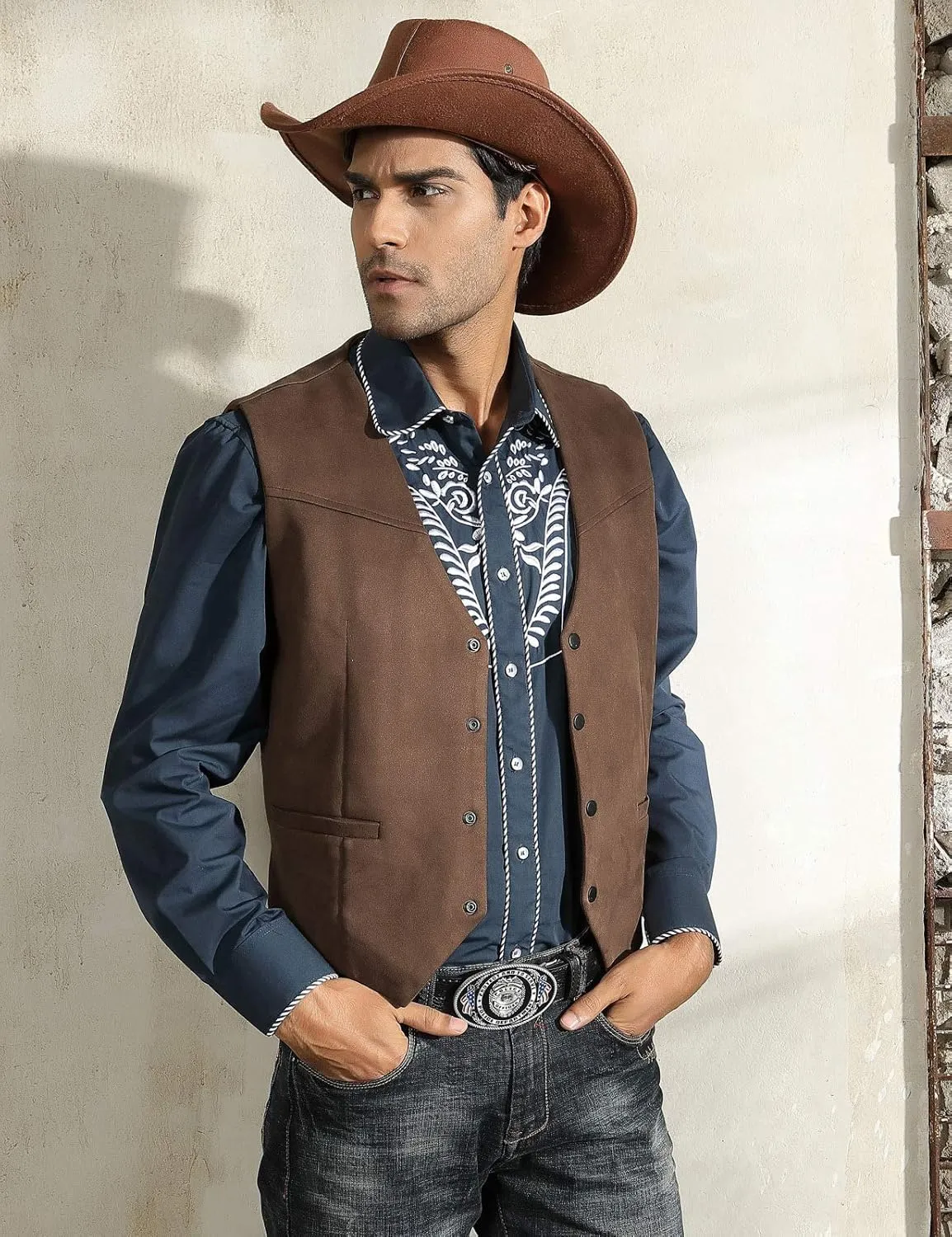 PJ PAUL JONES Men's Western Cowboy Suit Vest Slim Fit Faux Suede Leather Dress Vests Waistcoat for Wedding
