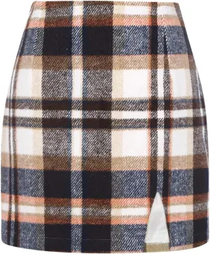 Plaid Mini Skirts for Womens High Waisted Fall Winter Wool Bodycon Pencil Skirts with Slit