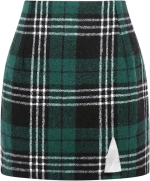 Plaid Mini Skirts for Womens High Waisted Fall Winter Wool Bodycon Pencil Skirts with Slit