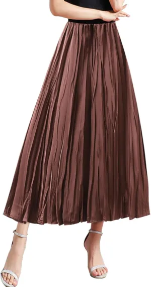 Pleated Midi Skirts for Women 2025 Summer Solid Color Flowy Swing A-Line Elastic Waisted Long Skirt