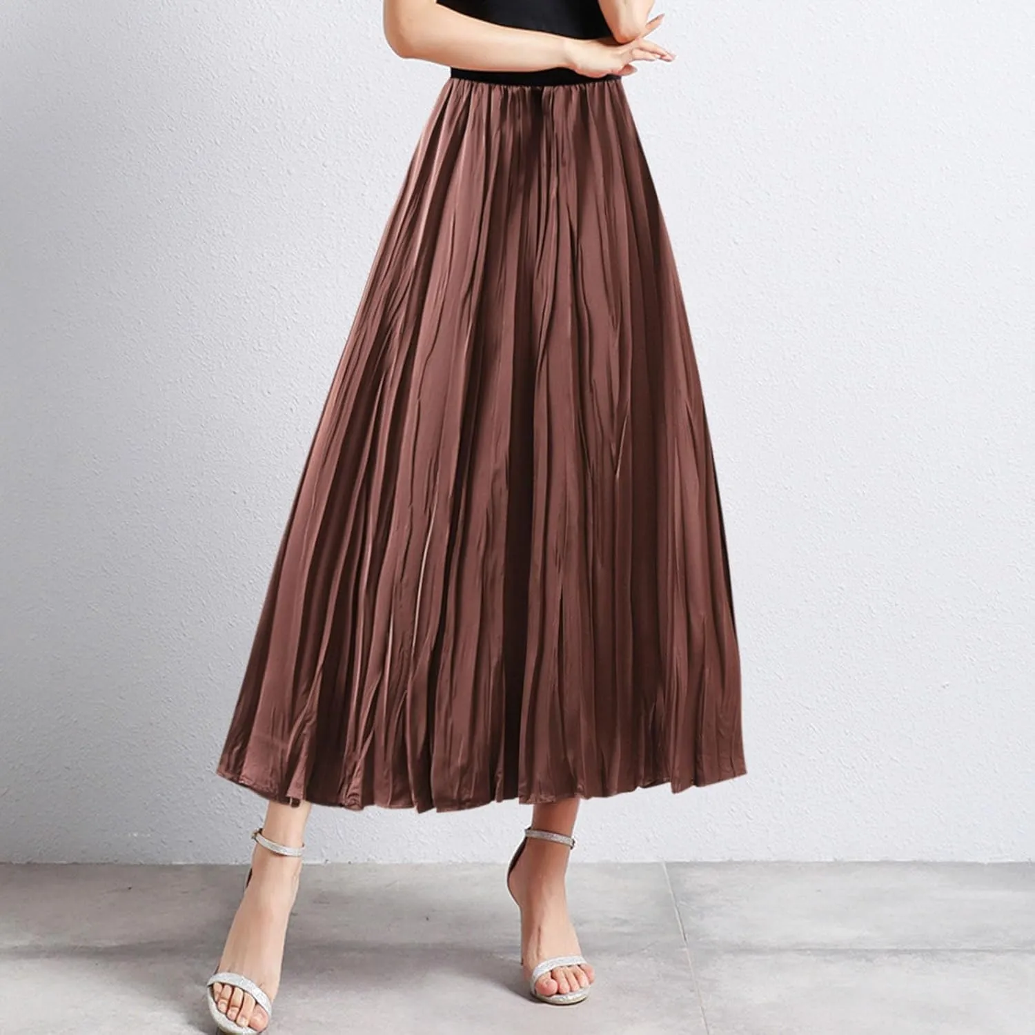Pleated Midi Skirts for Women 2025 Summer Solid Color Flowy Swing A-Line Elastic Waisted Long Skirt