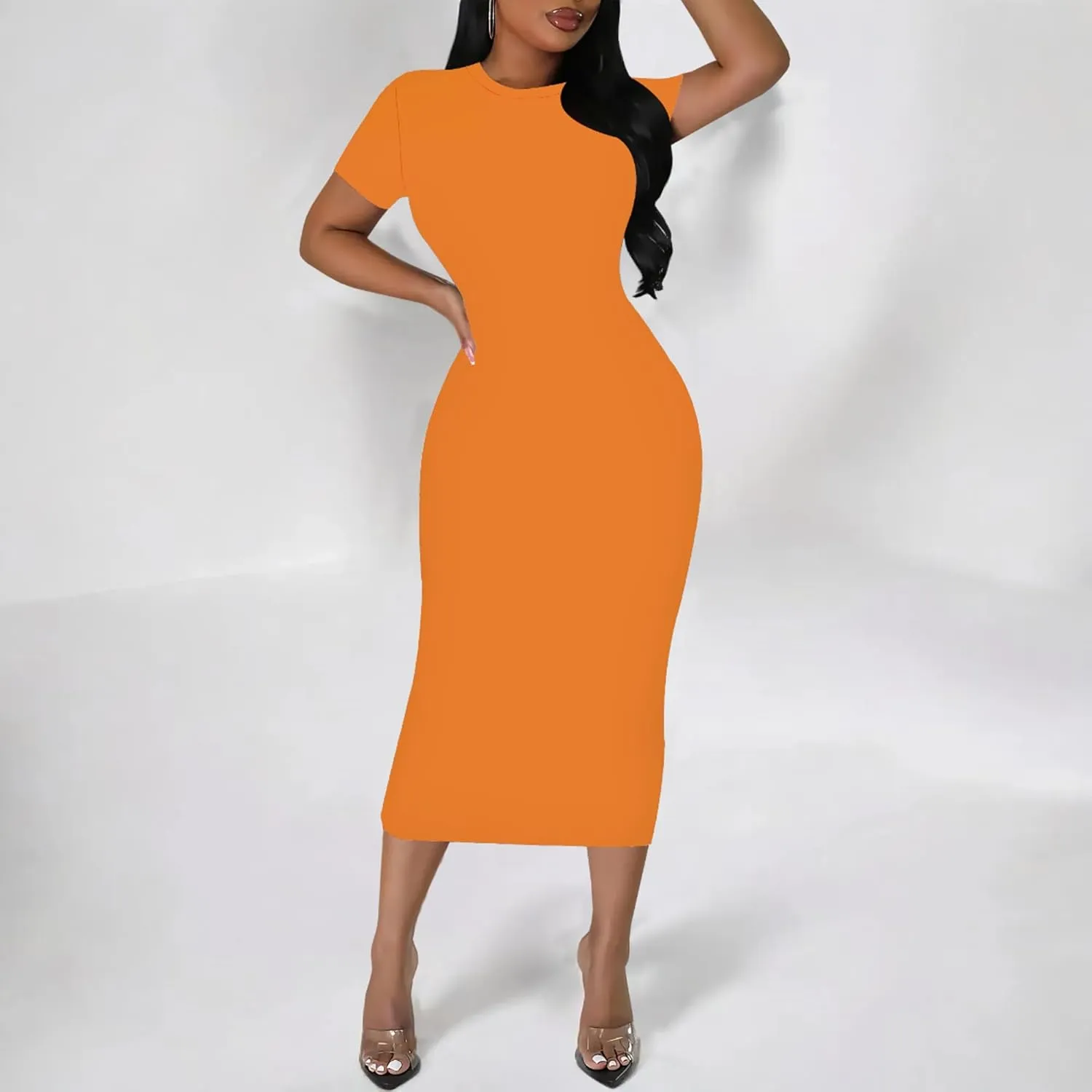 Plus Size Dress for Women Summer Casual Short Sleeve Midi Club Party Fitted Tight Dresses Basic Pencil Midi Bodycon Dress