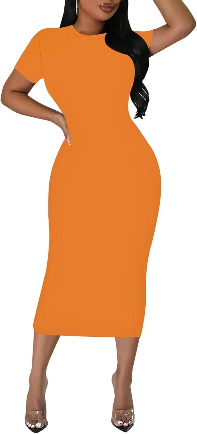 Plus Size Dress for Women Summer Casual Short Sleeve Midi Club Party Fitted Tight Dresses Basic Pencil Midi Bodycon Dress