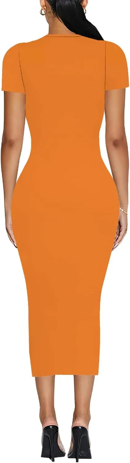 Plus Size Dress for Women Summer Casual Short Sleeve Midi Club Party Fitted Tight Dresses Basic Pencil Midi Bodycon Dress