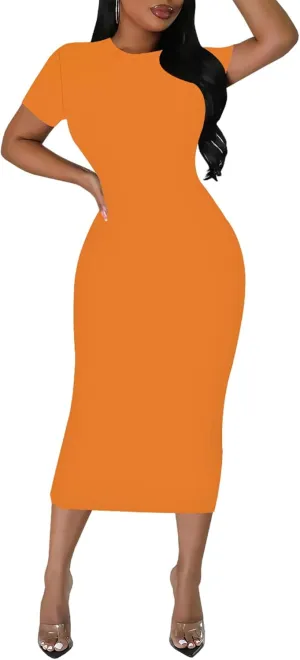 Plus Size Dress for Women Summer Casual Short Sleeve Midi Club Party Fitted Tight Dresses Basic Pencil Midi Bodycon Dress