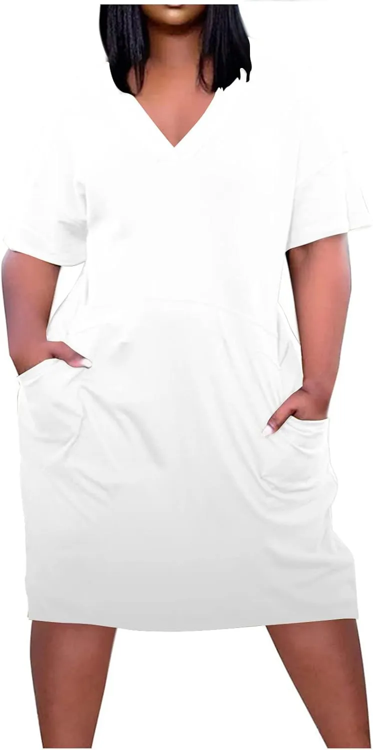Plus Size Dresses for Curvy Women Oversize Casual Short Sleeve Tshirt Midi Dress Summer Solid Beach Vacation Dress