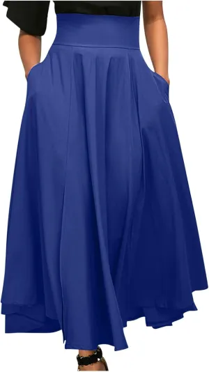 Plus Size Skirt for Women Stretch High Waist Pleated Ruffle Maxi Skirts with Pockets Summer Elegant Knee-Length Skirt