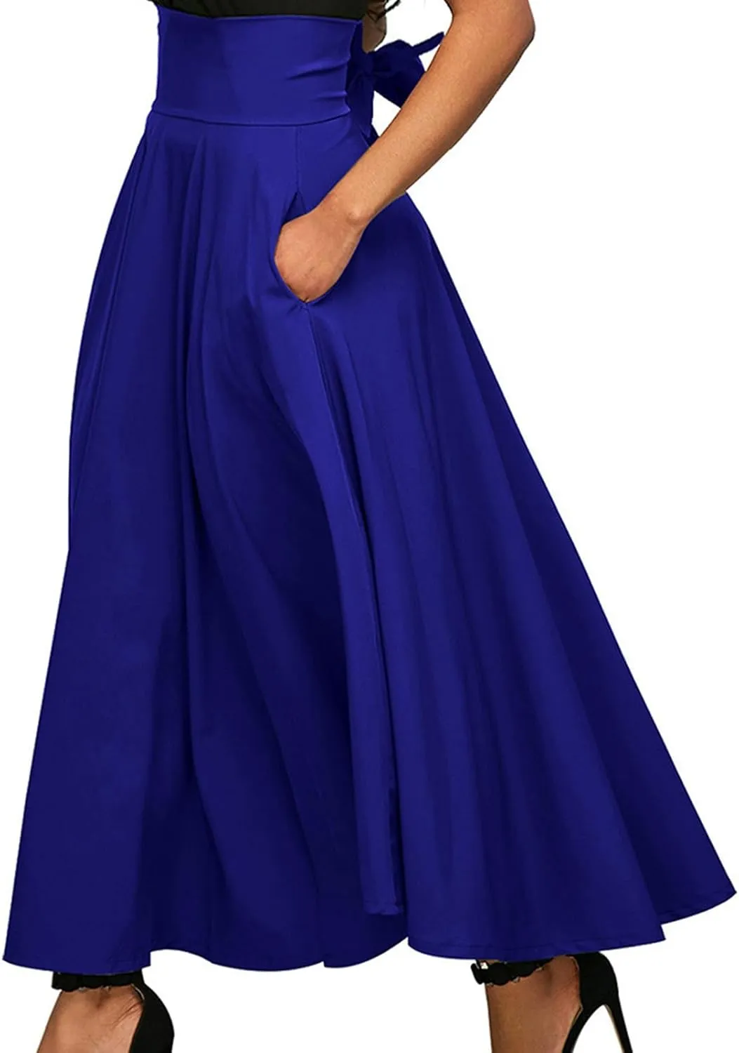 Plus Size Skirt for Women Stretch High Waist Pleated Ruffle Maxi Skirts with Pockets Summer Elegant Knee-Length Skirt