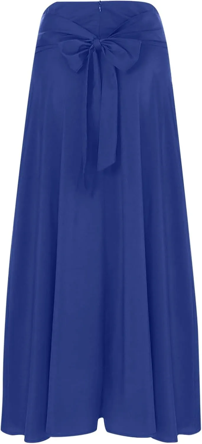 Plus Size Skirt for Women Stretch High Waist Pleated Ruffle Maxi Skirts with Pockets Summer Elegant Knee-Length Skirt
