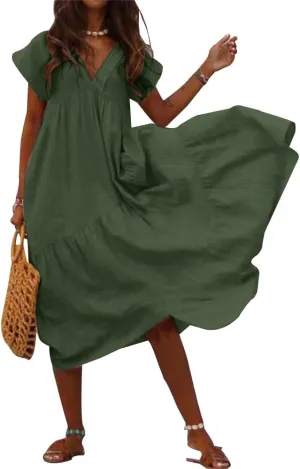 Plus Size Summer Dresses Ruffled Cotton Gauze Short Sleeve Dress for Women Tiered Maxi Dress Loose Fit High Waisted Midi Dress for Women,Green,M