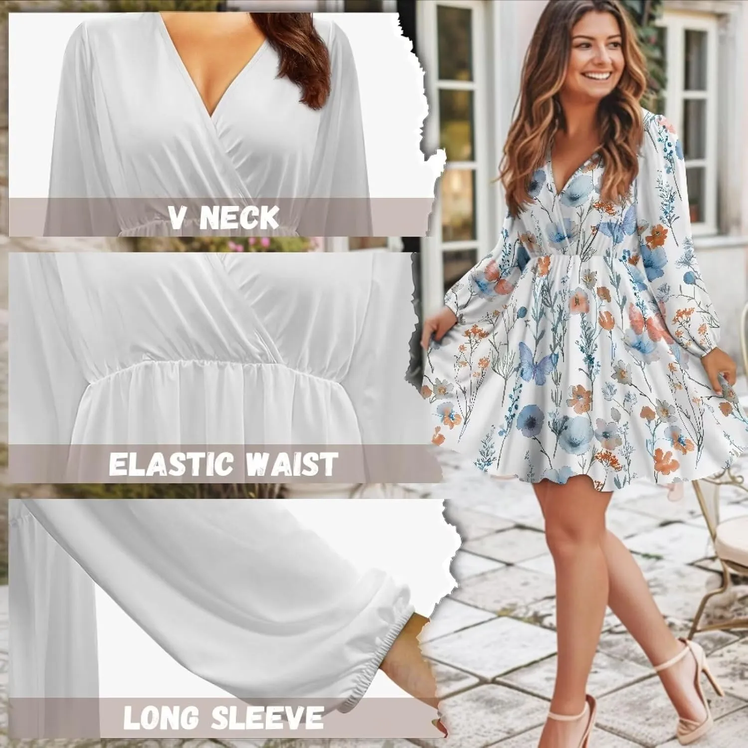 Poceacles Deep V-Neck Long Sleeve Dress for Women A-line Elastic High Waist Casual Flowy Swing Shift Dresses for Work Travel