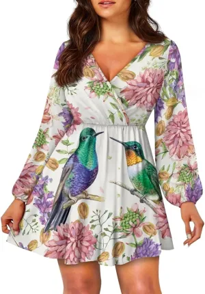 Poceacles Deep V-Neck Long Sleeve Dress for Women A-line Elastic High Waist Casual Flowy Swing Shift Dresses for Work Travel