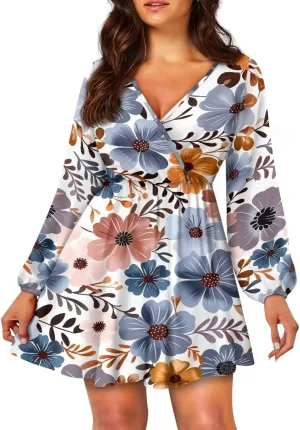 Poceacles Deep V-Neck Long Sleeve Dress for Women A-line Elastic High Waist Casual Flowy Swing Shift Dresses for Work Travel