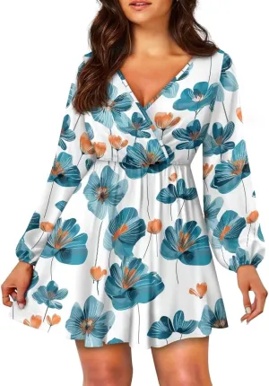 Poceacles Deep V-Neck Long Sleeve Dress for Women A-line Elastic High Waist Casual Flowy Swing Shift Dresses for Work Travel
