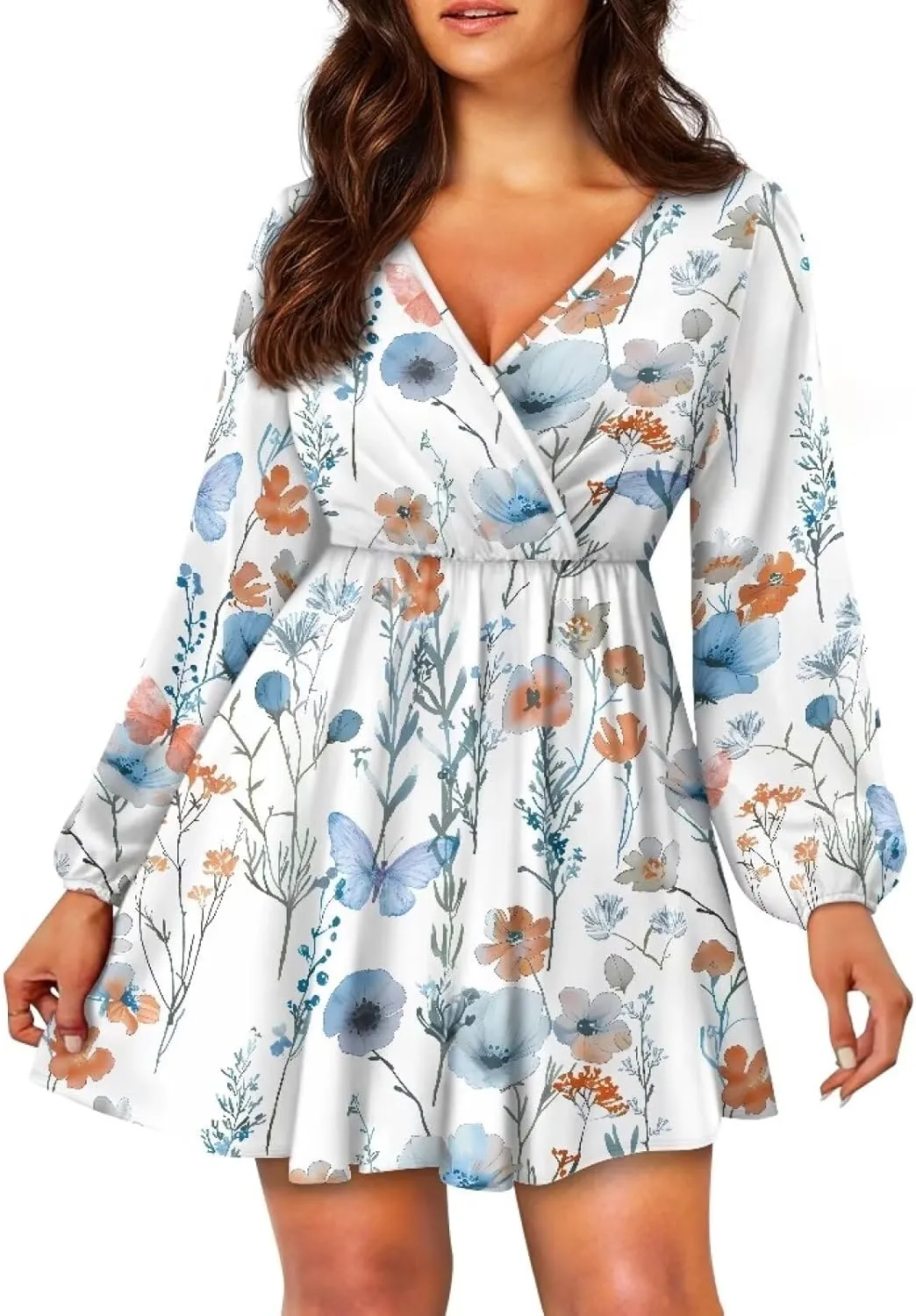 Poceacles Deep V-Neck Long Sleeve Dress for Women A-line Elastic High Waist Casual Flowy Swing Shift Dresses for Work Travel