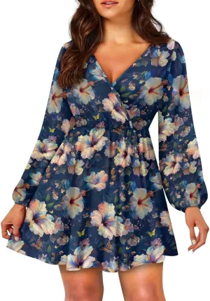 Poceacles Deep V-Neck Long Sleeve Dress for Women A-line Elastic High Waist Casual Flowy Swing Shift Dresses for Work Travel