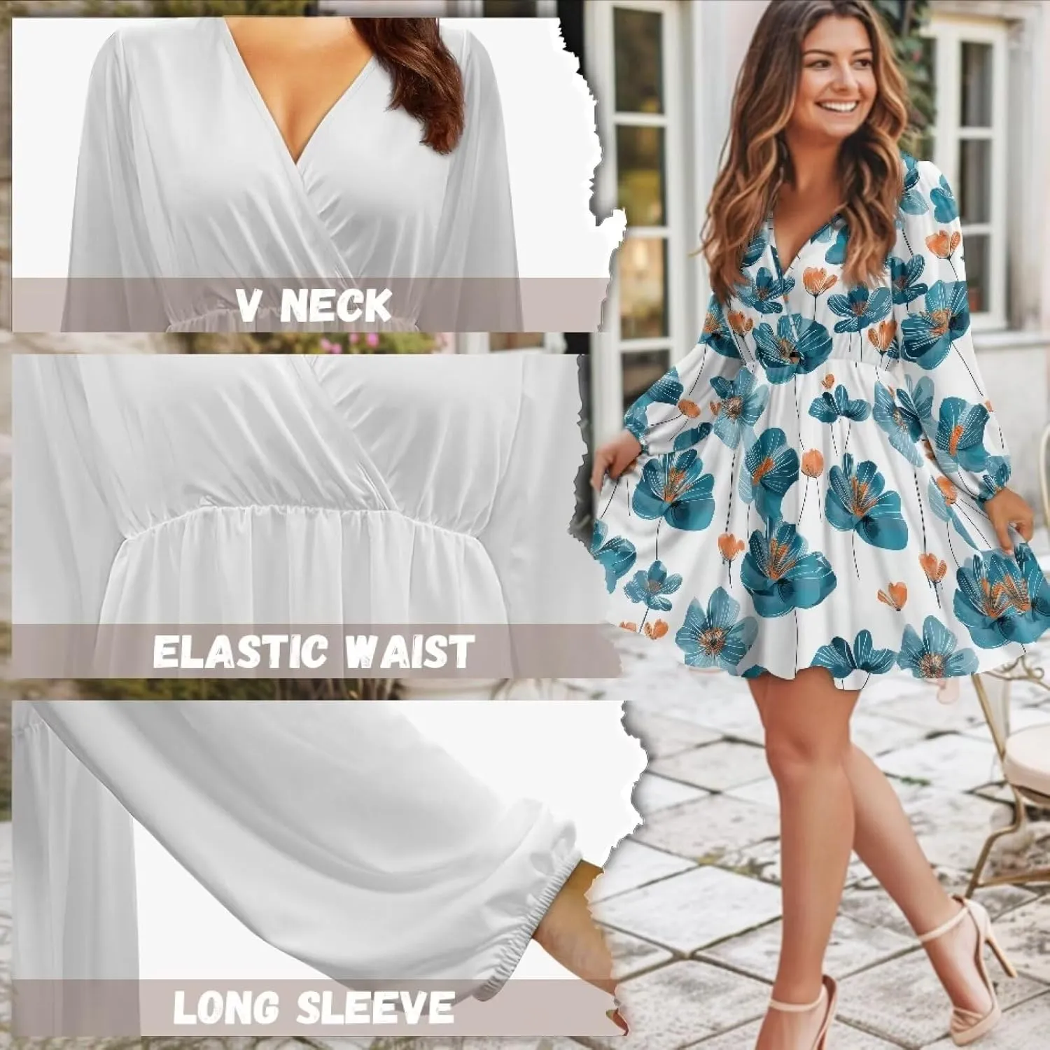 Poceacles Deep V-Neck Long Sleeve Dress for Women A-line Elastic High Waist Casual Flowy Swing Shift Dresses for Work Travel