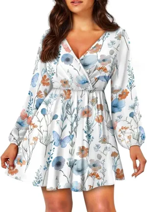 Poceacles Deep V-Neck Long Sleeve Dress for Women A-line Elastic High Waist Casual Flowy Swing Shift Dresses for Work Travel