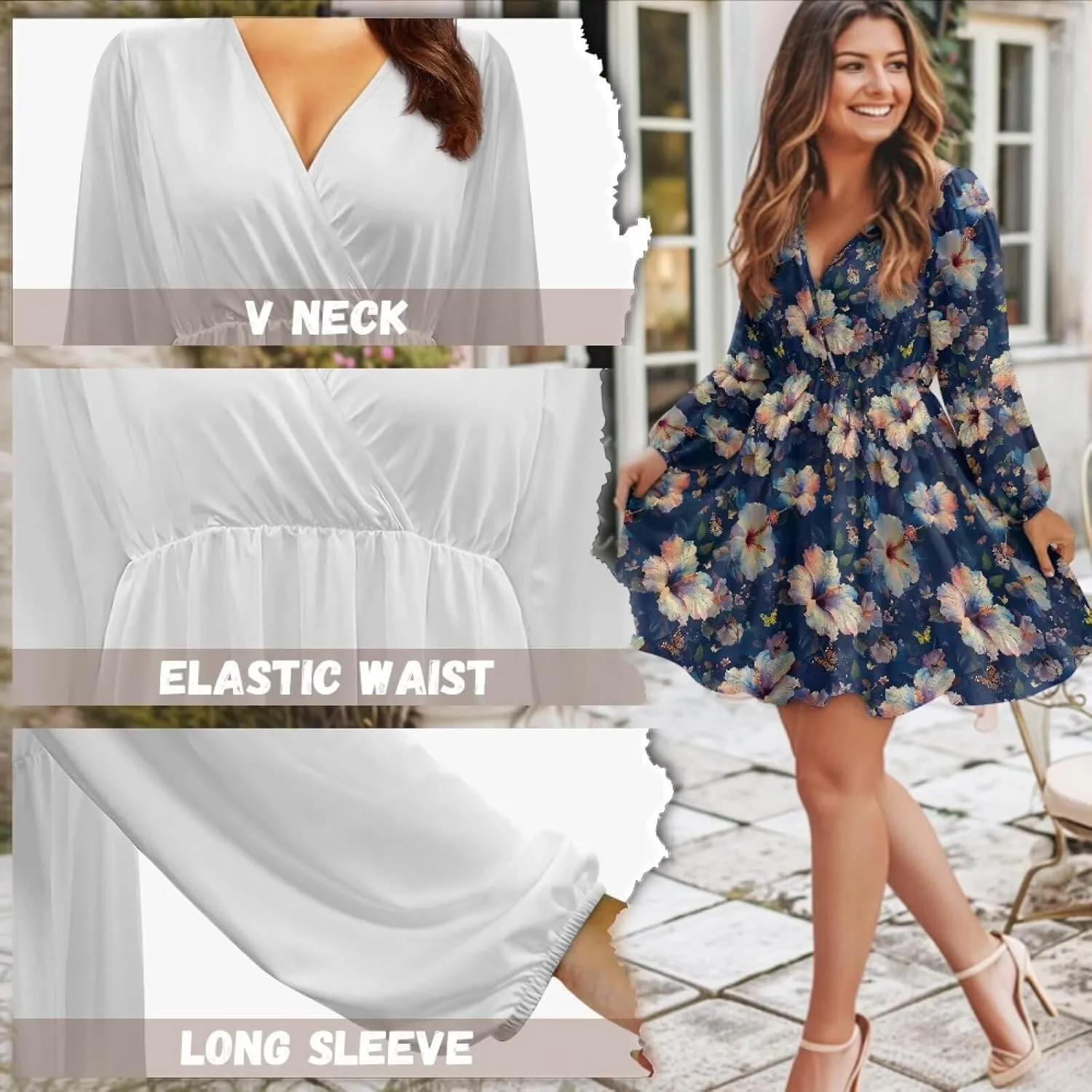 Poceacles Deep V-Neck Long Sleeve Dress for Women A-line Elastic High Waist Casual Flowy Swing Shift Dresses for Work Travel