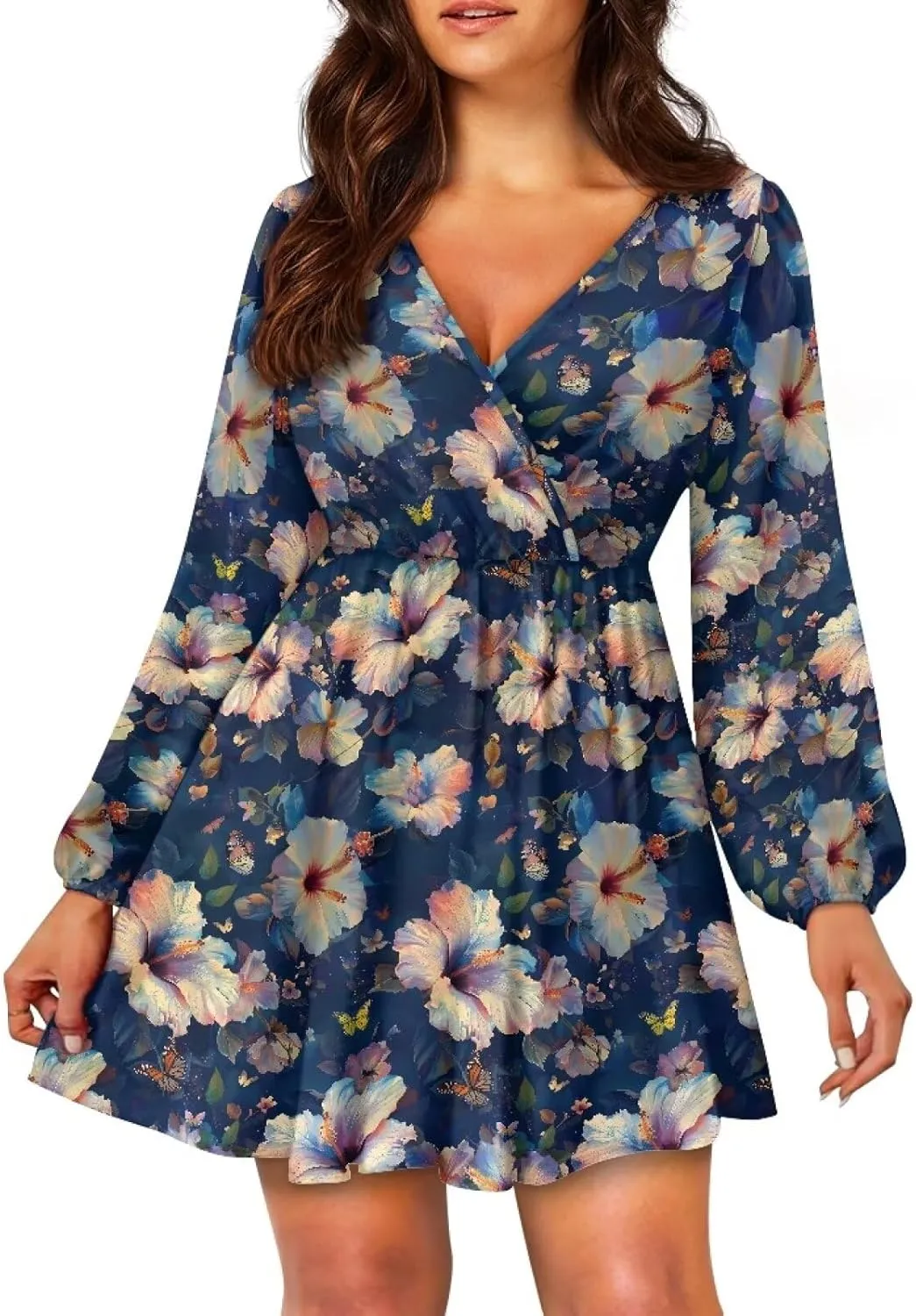 Poceacles Deep V-Neck Long Sleeve Dress for Women A-line Elastic High Waist Casual Flowy Swing Shift Dresses for Work Travel