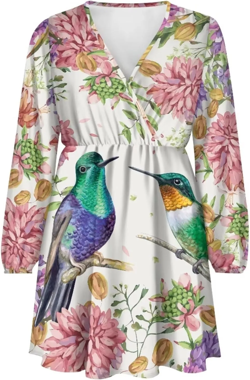Poceacles Deep V-Neck Long Sleeve Dress for Women A-line Elastic High Waist Casual Flowy Swing Shift Dresses for Work Travel