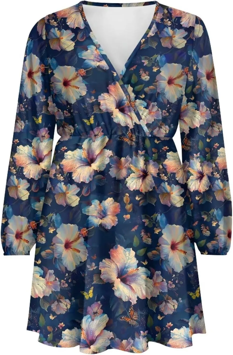 Poceacles Deep V-Neck Long Sleeve Dress for Women A-line Elastic High Waist Casual Flowy Swing Shift Dresses for Work Travel