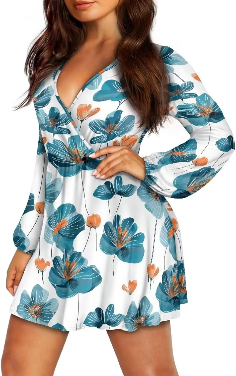 Poceacles Deep V-Neck Long Sleeve Dress for Women A-line Elastic High Waist Casual Flowy Swing Shift Dresses for Work Travel
