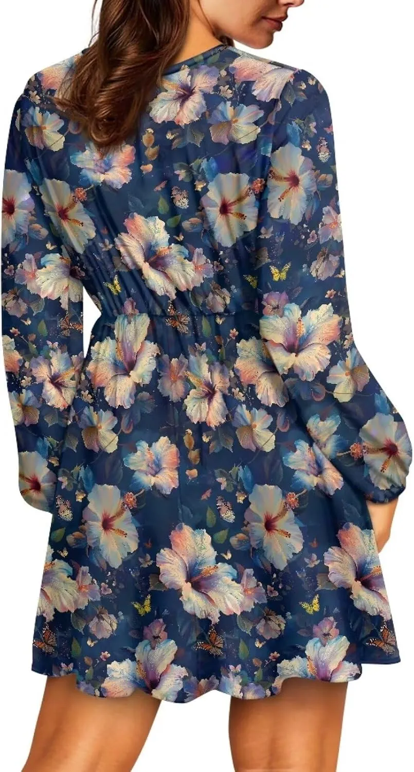 Poceacles Deep V-Neck Long Sleeve Dress for Women A-line Elastic High Waist Casual Flowy Swing Shift Dresses for Work Travel