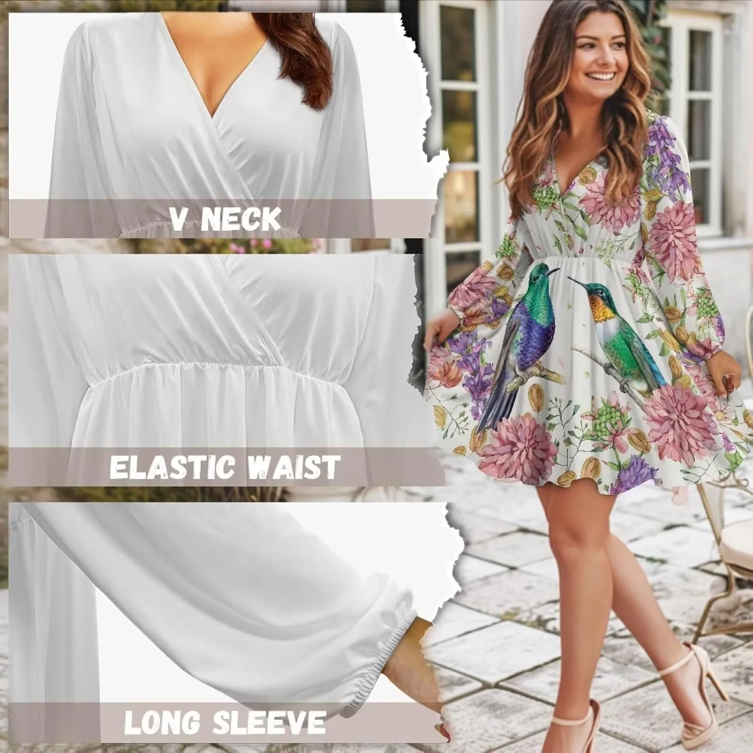 Poceacles Deep V-Neck Long Sleeve Dress for Women A-line Elastic High Waist Casual Flowy Swing Shift Dresses for Work Travel