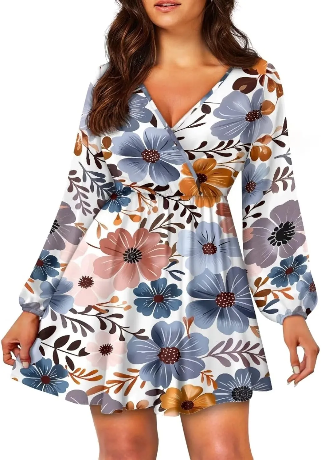 Poceacles Deep V-Neck Long Sleeve Dress for Women A-line Elastic High Waist Casual Flowy Swing Shift Dresses for Work Travel